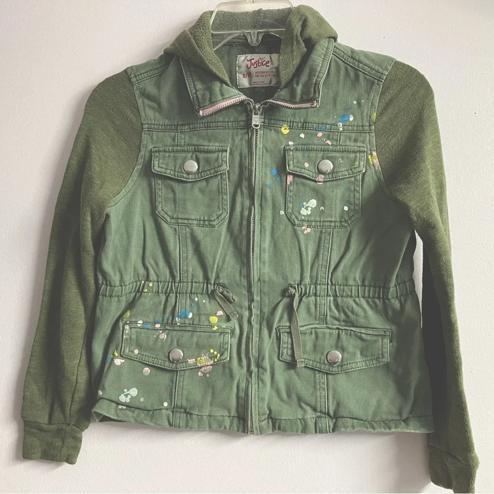 Girl’s Hooded Jacket, 8-10, Faded Olive Green, Full Front Zipper, by Justice